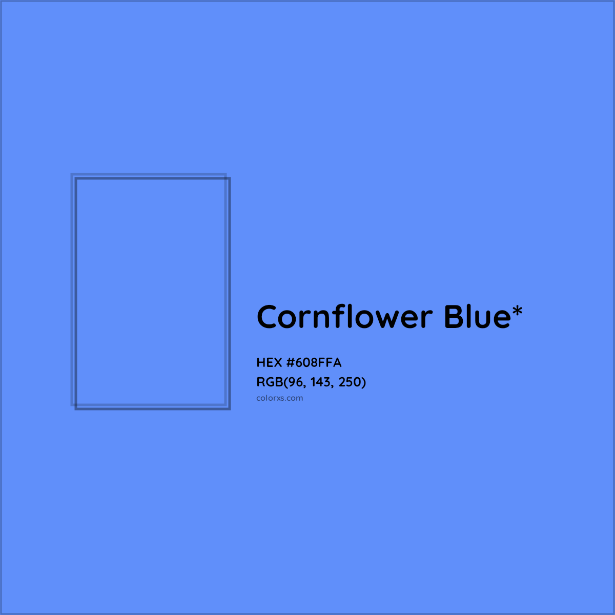 #608FFA hex color. RGB, RYB, CMYK, HSL, HSV codes and color conversions. Matching color names, palettes, paints.