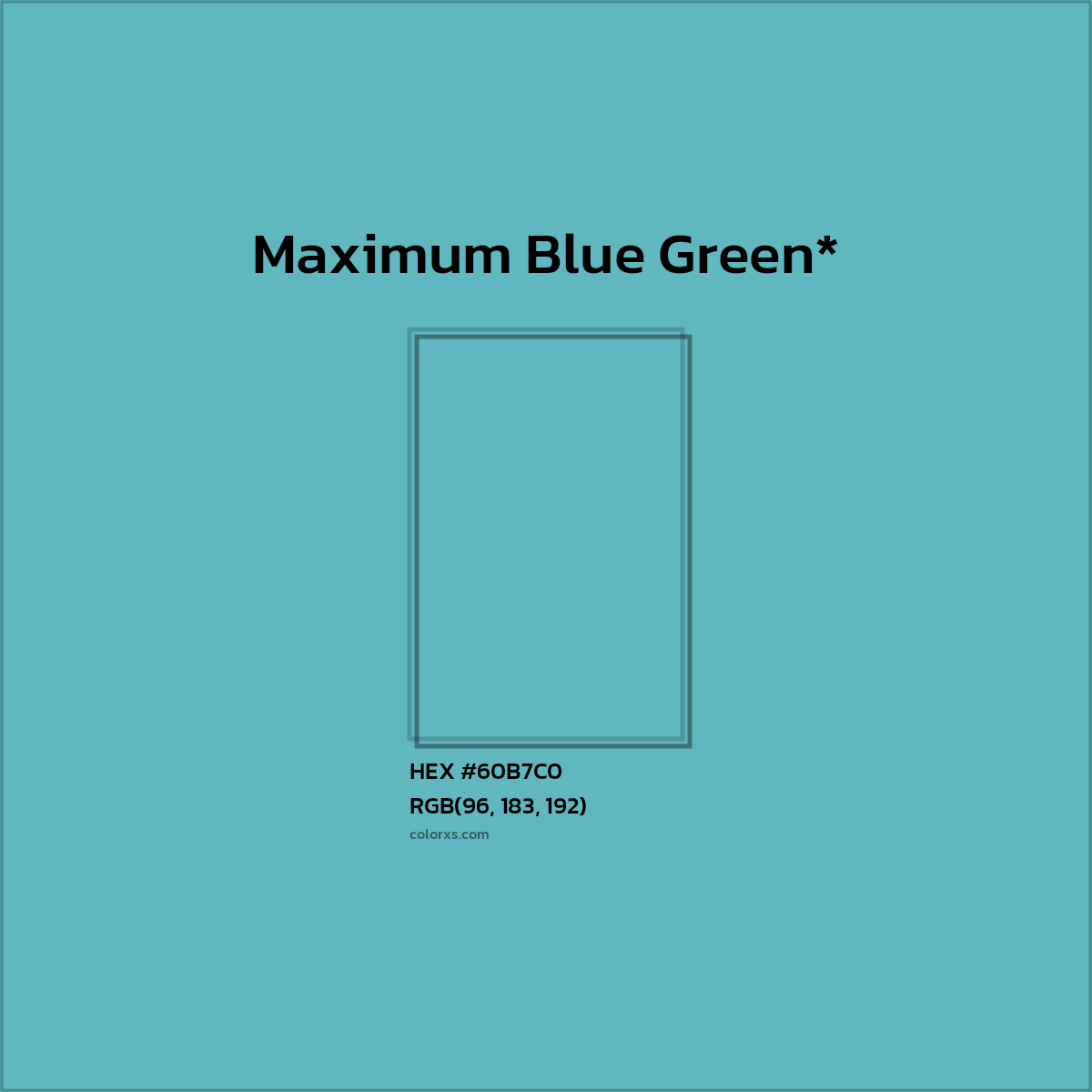 #60B7C0 hex color. RGB, RYB, CMYK, HSL, HSV codes and color conversions. Matching color names, palettes, paints.