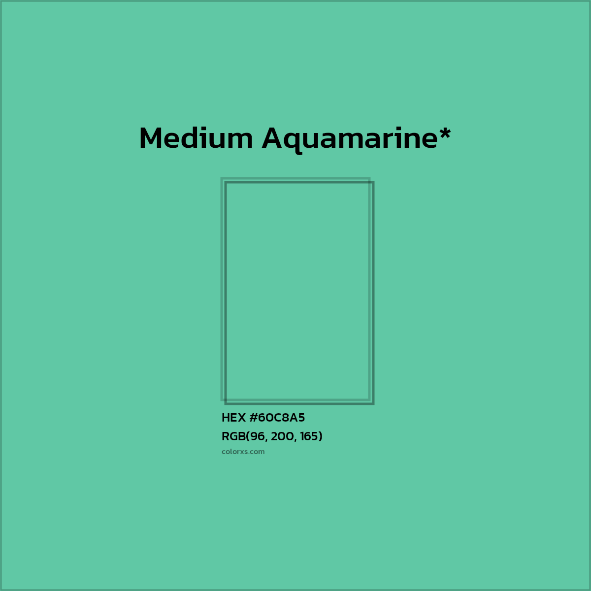 #60C8A5 hex color. RGB, RYB, CMYK, HSL, HSV codes and color conversions. Matching color names, palettes, paints.