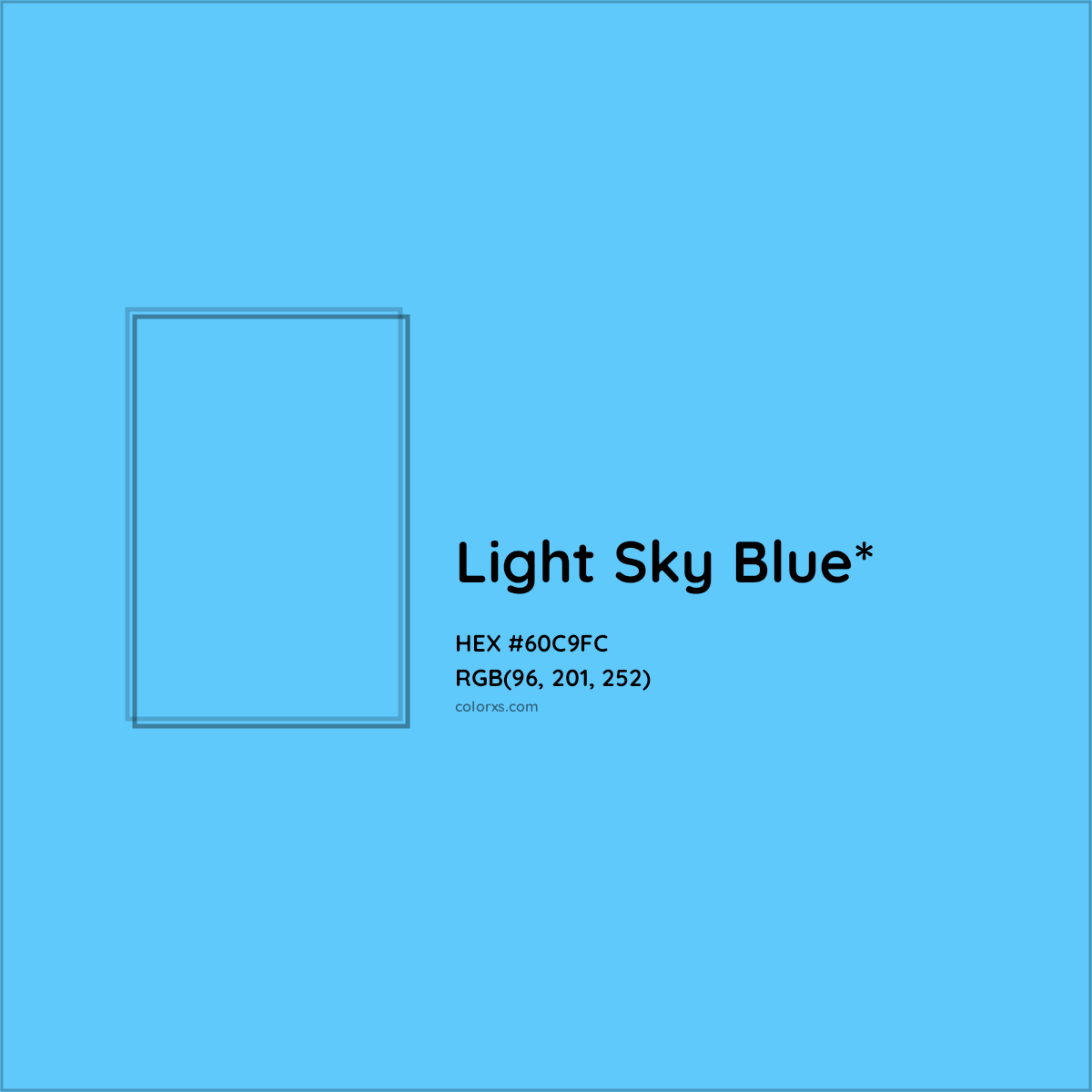 #60C9FC hex color. RGB, RYB, CMYK, HSL, HSV codes and color conversions. Matching color names, palettes, paints.
