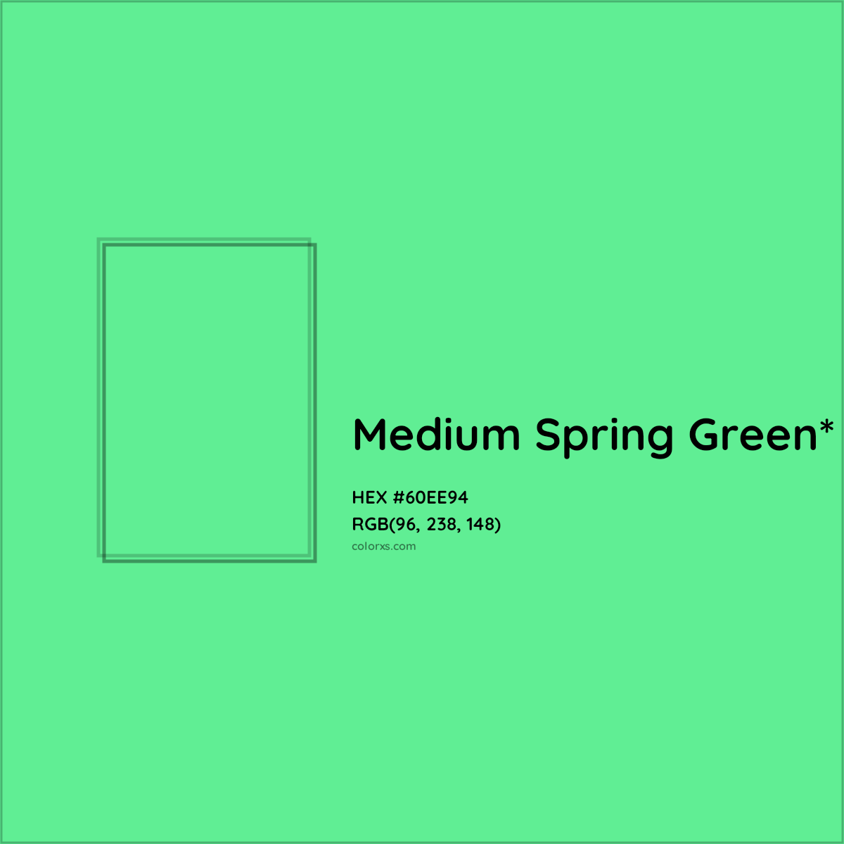 #60EE94 hex color. RGB, RYB, CMYK, HSL, HSV codes and color conversions. Matching color names, palettes, paints.