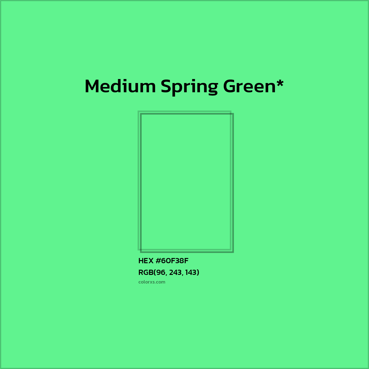 #60F38F hex color. RGB, RYB, CMYK, HSL, HSV codes and color conversions. Matching color names, palettes, paints.