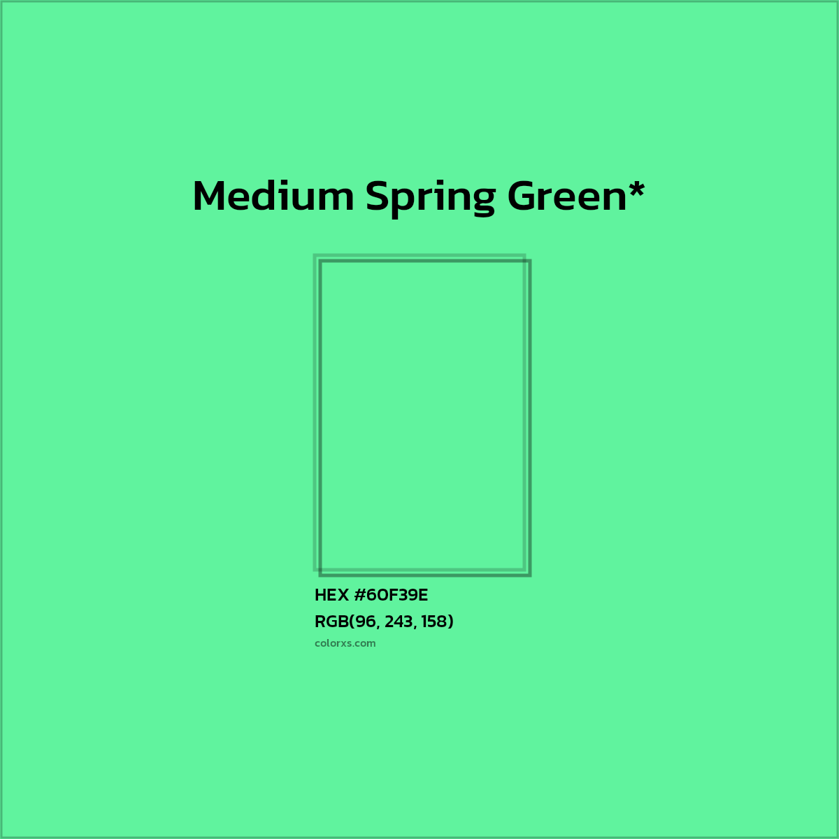 #60F39E hex color. RGB, RYB, CMYK, HSL, HSV codes and color conversions. Matching color names, palettes, paints.