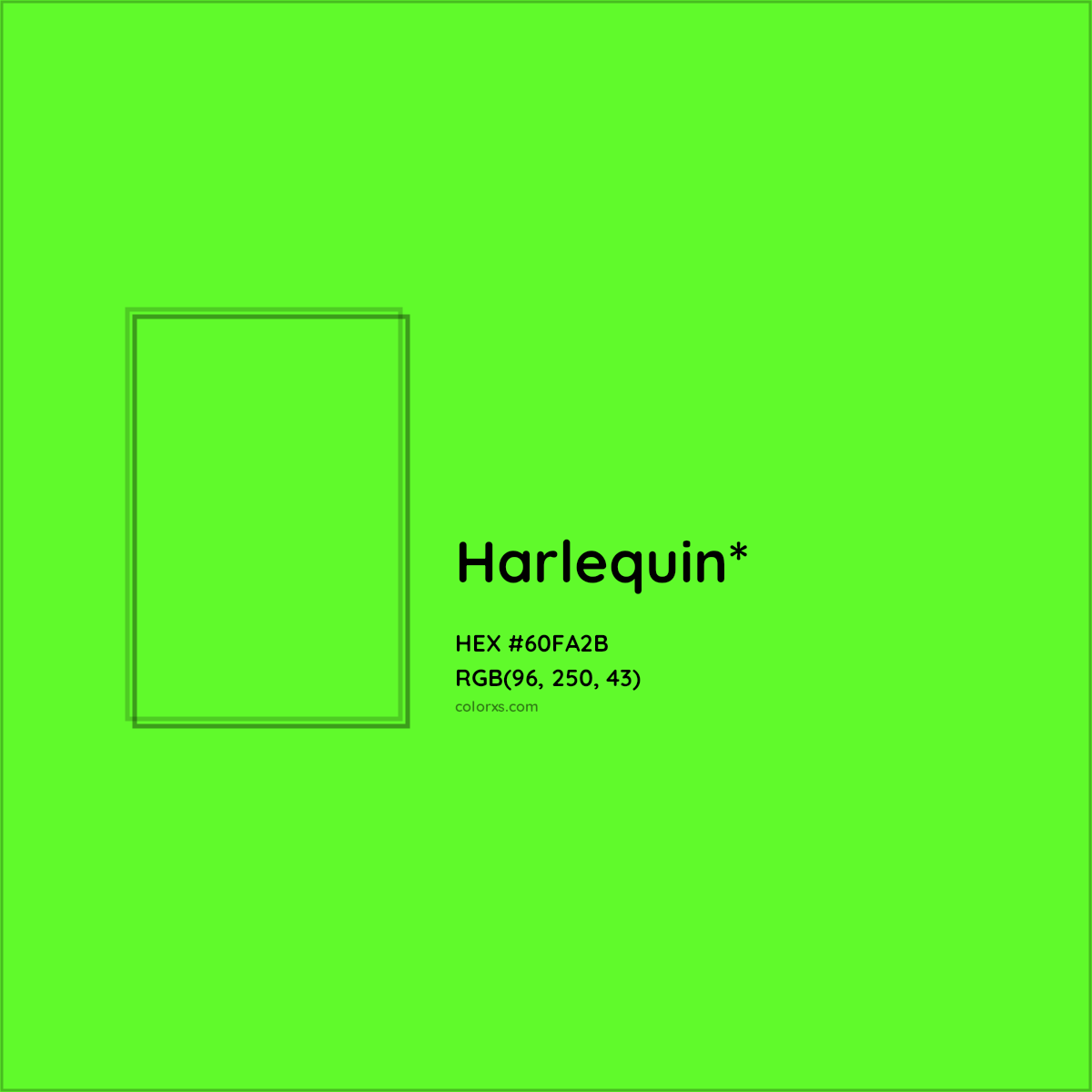 #60FA2B hex color. RGB, RYB, CMYK, HSL, HSV codes and color conversions. Matching color names, palettes, paints.