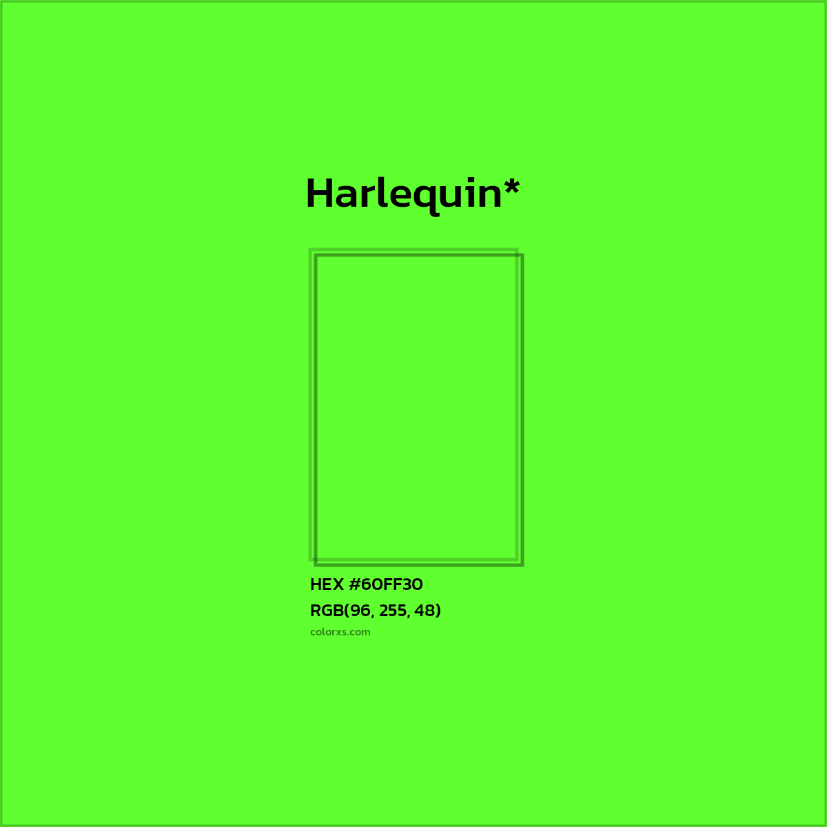 #60FF30 hex color. RGB, RYB, CMYK, HSL, HSV codes and color conversions. Matching color names, palettes, paints.