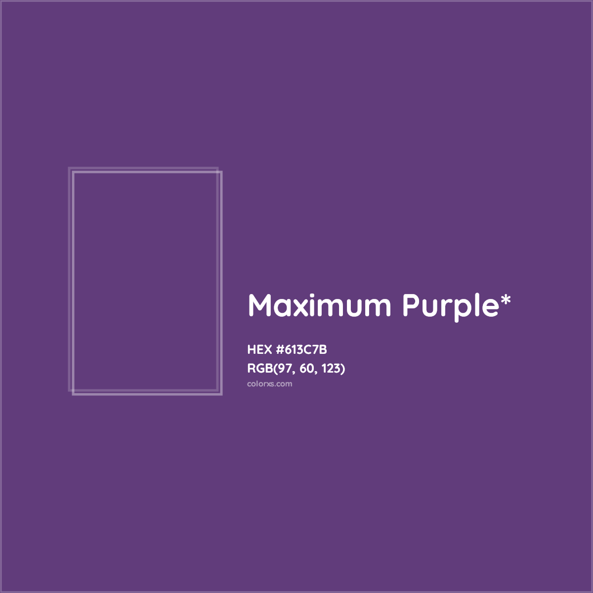 #613C7B hex color. RGB, RYB, CMYK, HSL, HSV codes and color conversions. Matching color names, palettes, paints.