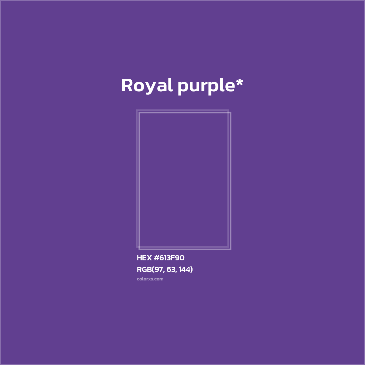 #613F90 hex color. RGB, RYB, CMYK, HSL, HSV codes and color conversions. Matching color names, palettes, paints.