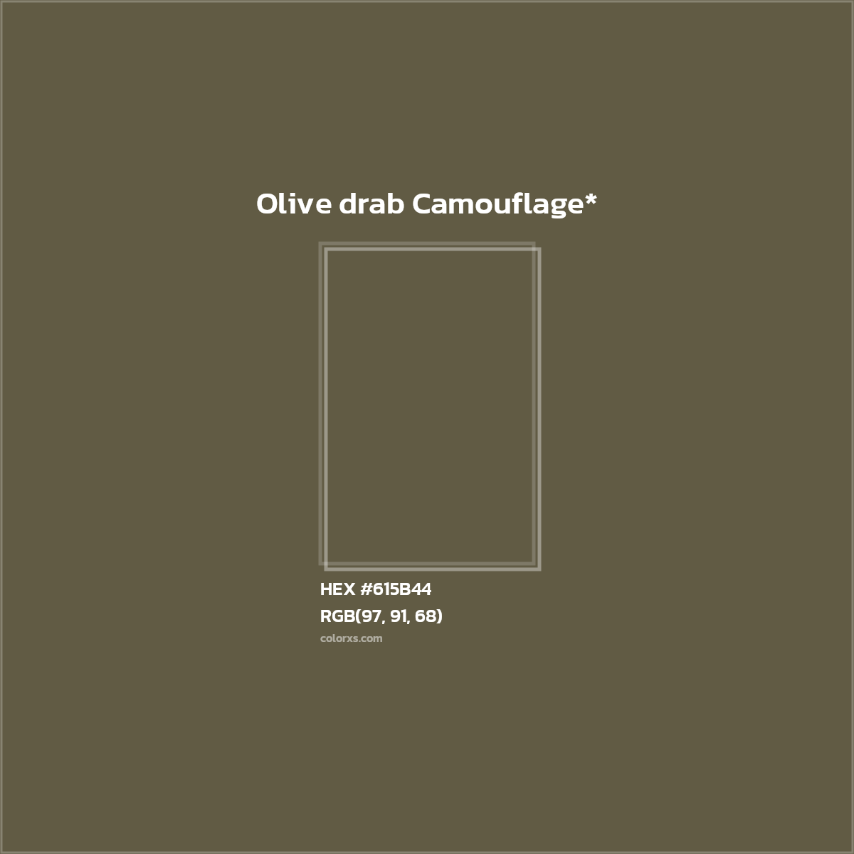#615B44 hex color. RGB, RYB, CMYK, HSL, HSV codes and color conversions. Matching color names, palettes, paints.