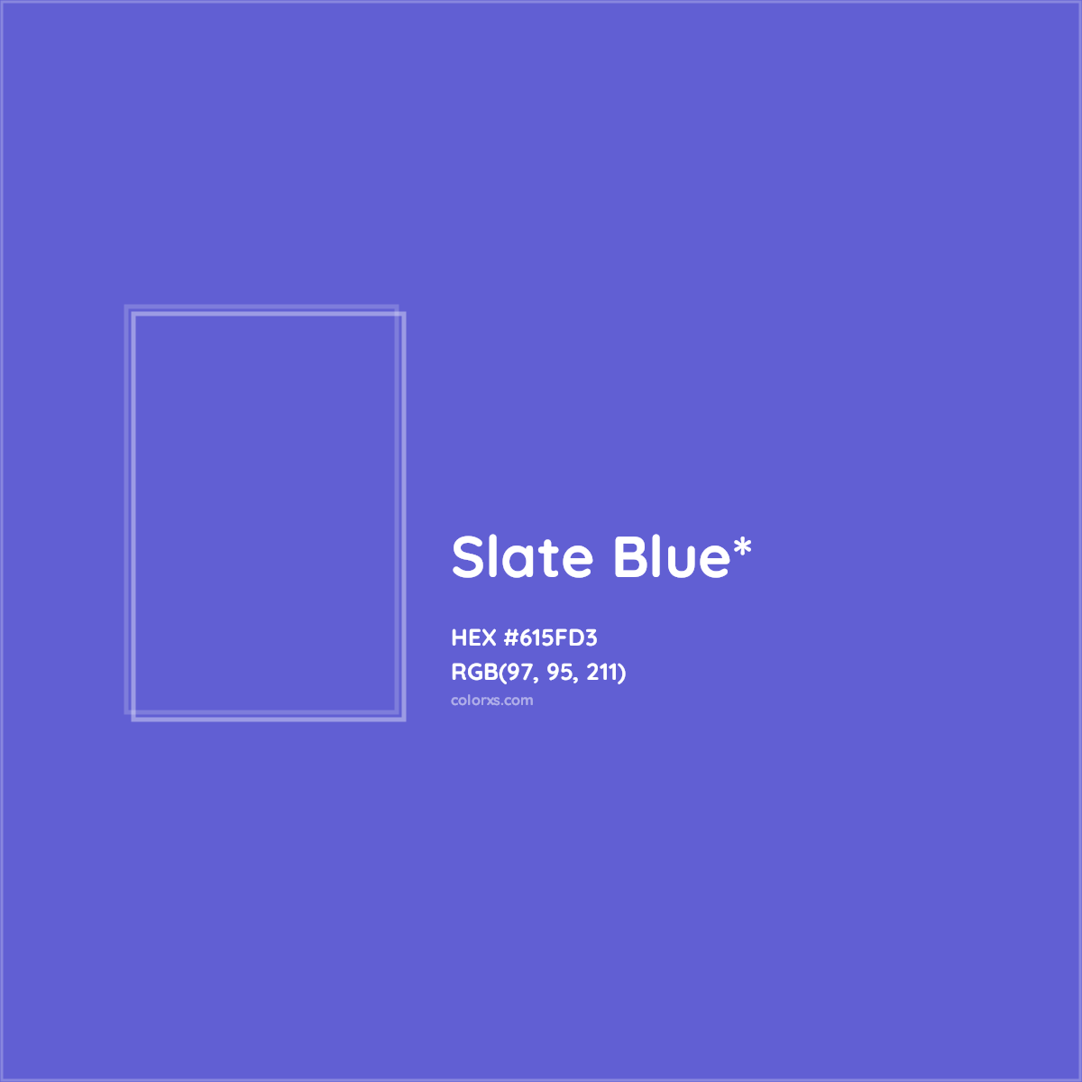 #615FD3 hex color. RGB, RYB, CMYK, HSL, HSV codes and color conversions. Matching color names, palettes, paints.