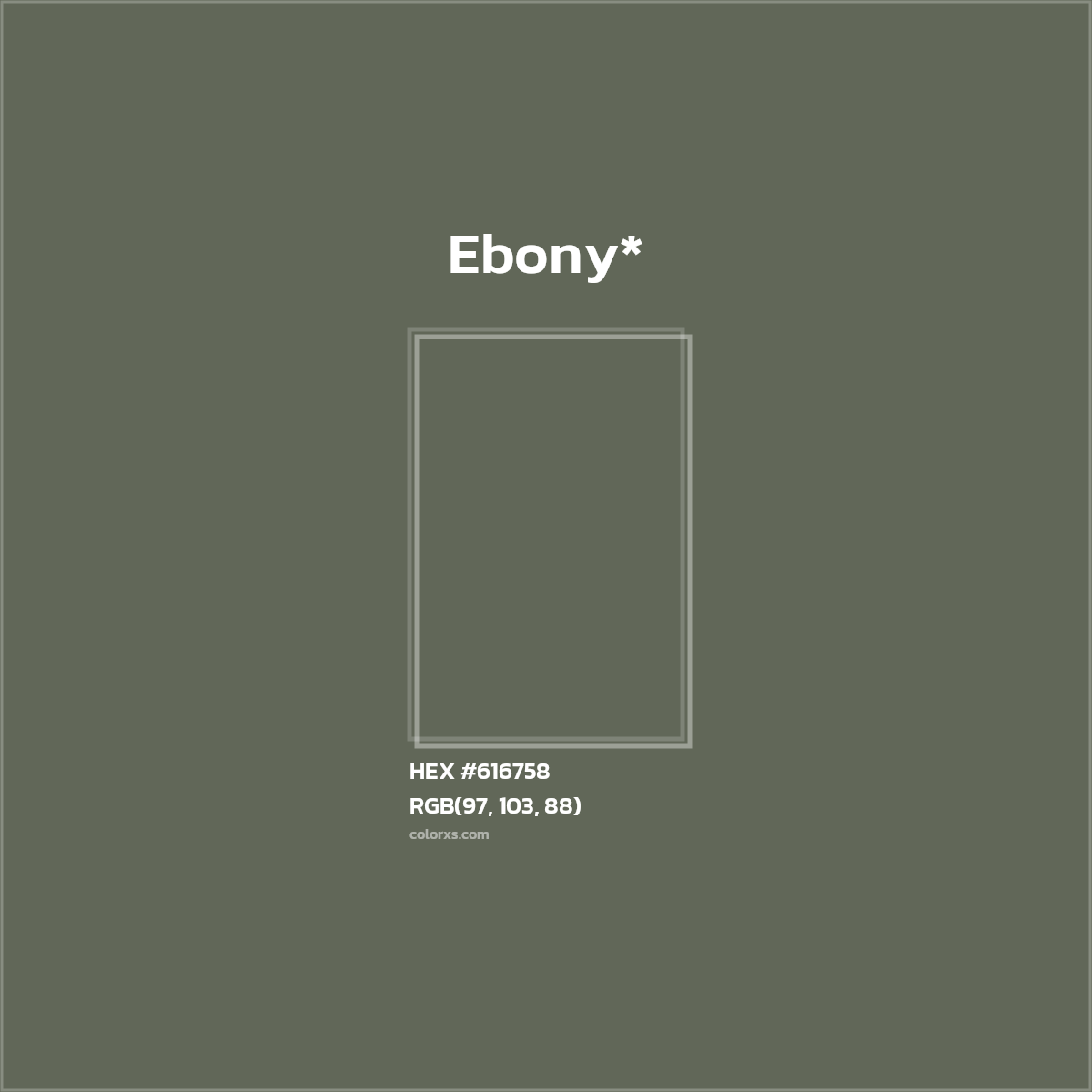 #616758 hex color. RGB, RYB, CMYK, HSL, HSV codes and color conversions. Matching color names, palettes, paints.