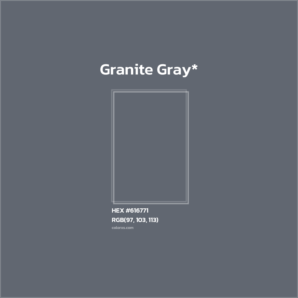 #616771 hex color. RGB, RYB, CMYK, HSL, HSV codes and color conversions. Matching color names, palettes, paints.