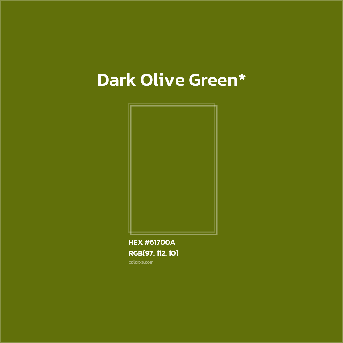 #61700A hex color. RGB, RYB, CMYK, HSL, HSV codes and color conversions. Matching color names, palettes, paints.