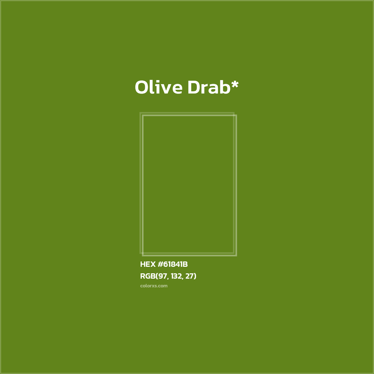 #61841B hex color. RGB, RYB, CMYK, HSL, HSV codes and color conversions. Matching color names, palettes, paints.