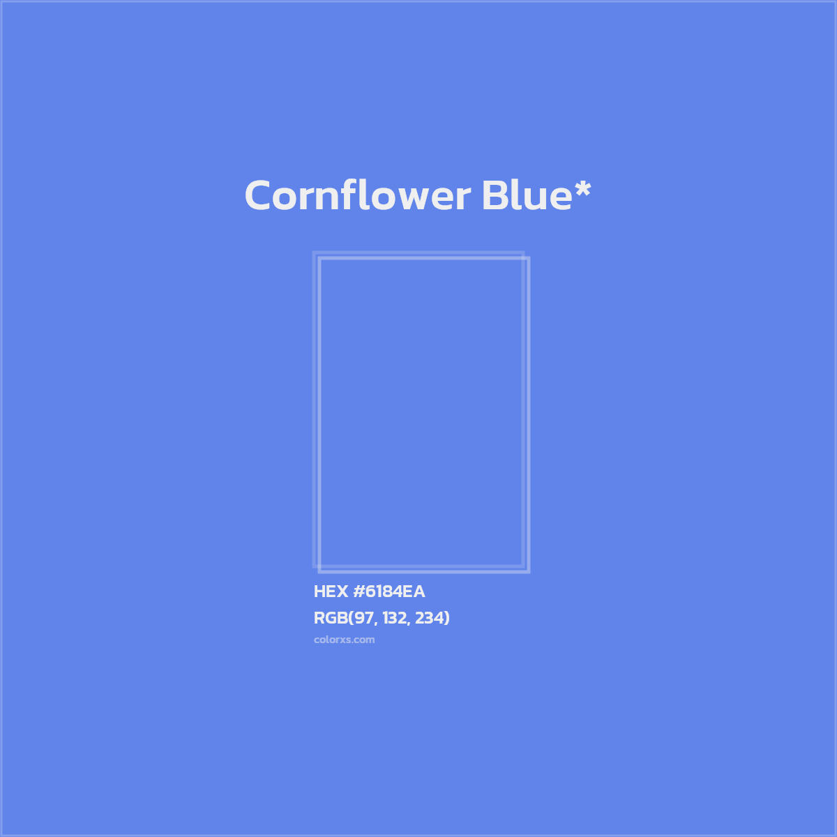 #6184EA hex color. RGB, RYB, CMYK, HSL, HSV codes and color conversions. Matching color names, palettes, paints.