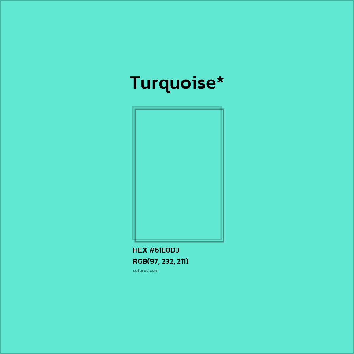 #61E8D3 hex color. RGB, RYB, CMYK, HSL, HSV codes and color conversions. Matching color names, palettes, paints.