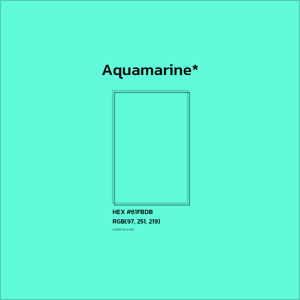 #61FBDB hex color. RGB, RYB, CMYK, HSL, HSV codes and color conversions. Matching color names, palettes, paints.