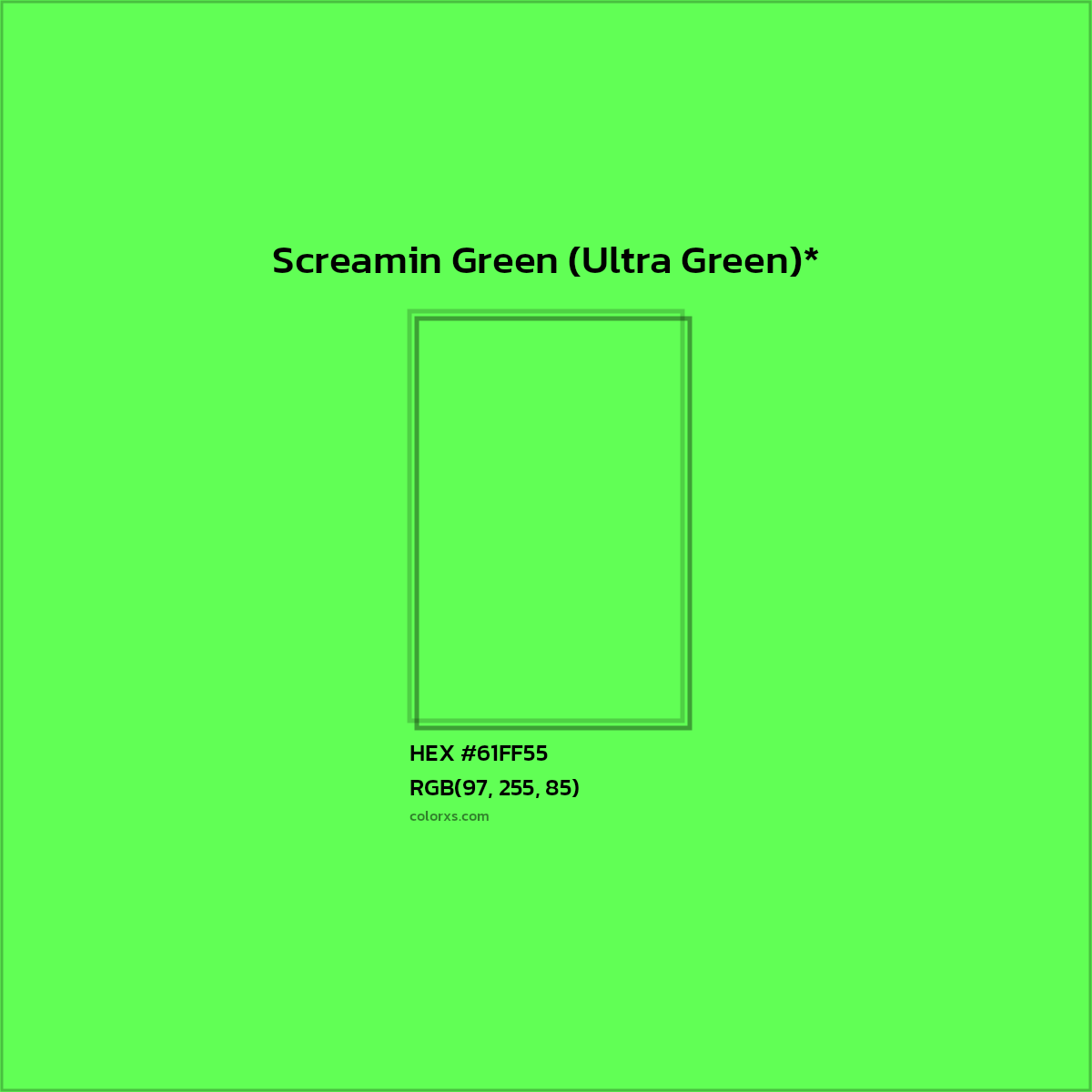 #61FF55 hex color. RGB, RYB, CMYK, HSL, HSV codes and color conversions. Matching color names, palettes, paints.