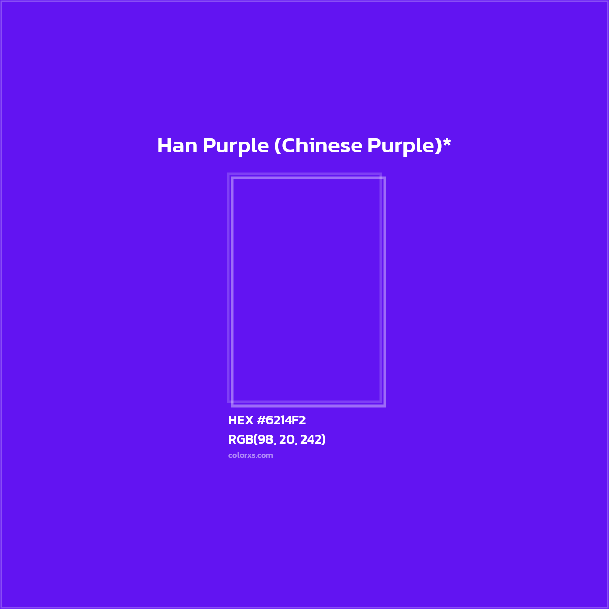 #6214F2 hex color. RGB, RYB, CMYK, HSL, HSV codes and color conversions. Matching color names, palettes, paints.