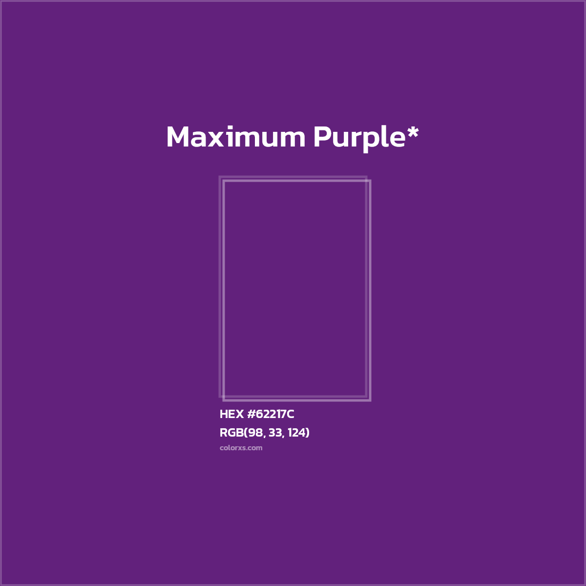 #62217C hex color. RGB, RYB, CMYK, HSL, HSV codes and color conversions. Matching color names, palettes, paints.