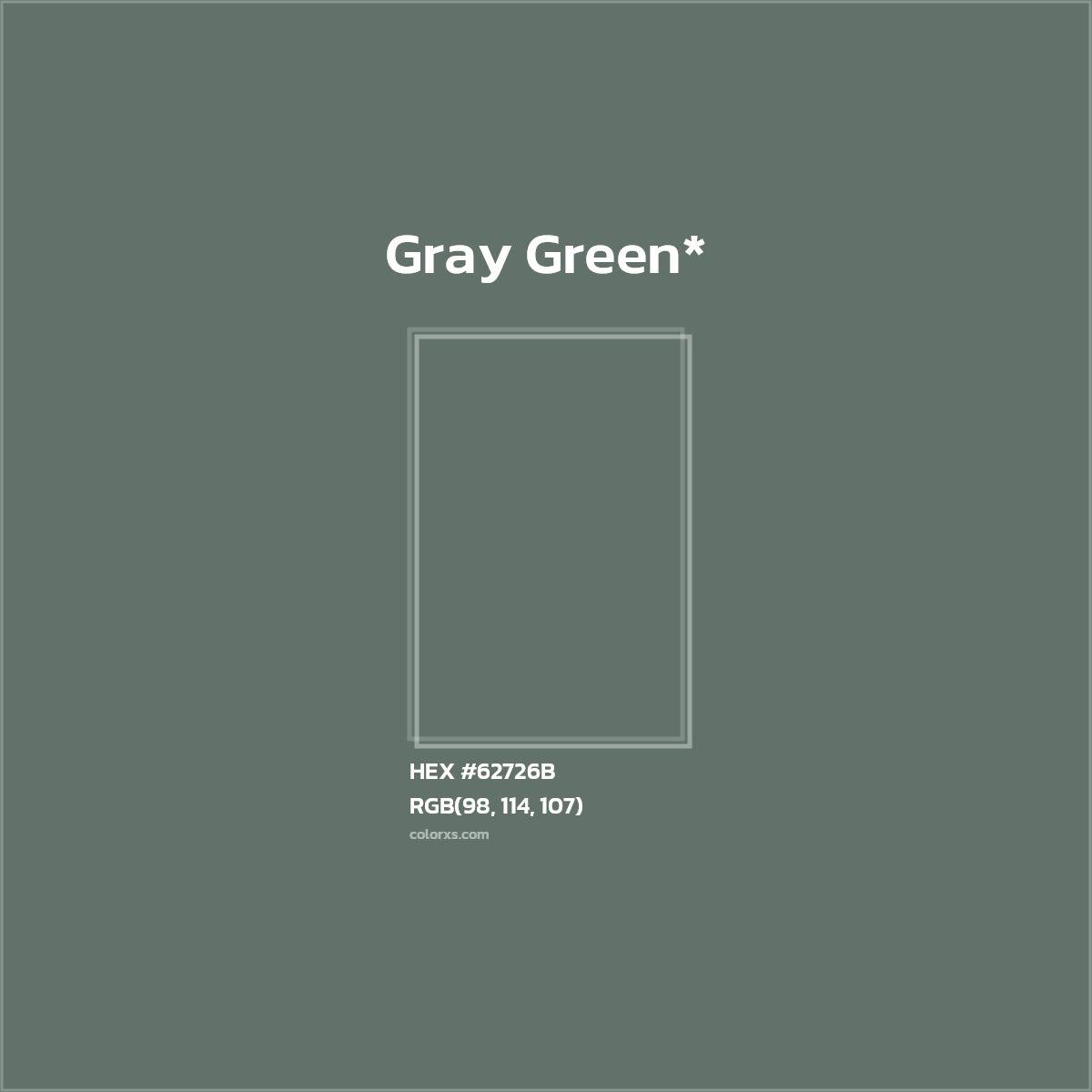 #62726B hex color. RGB, RYB, CMYK, HSL, HSV codes and color conversions. Matching color names, palettes, paints.