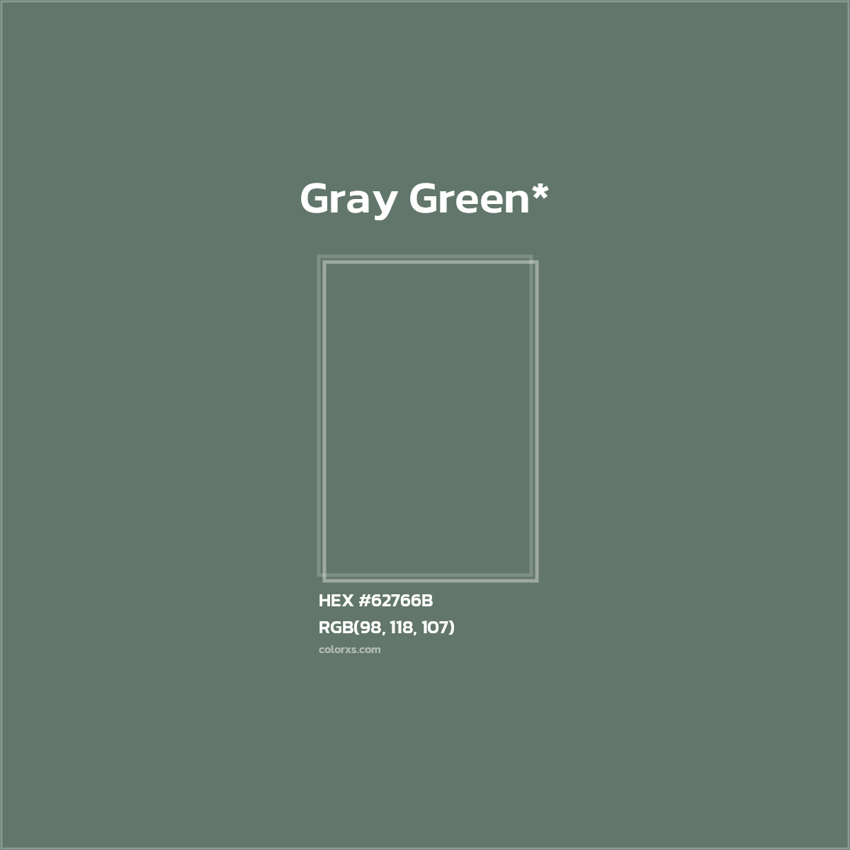 #62766B hex color. RGB, RYB, CMYK, HSL, HSV codes and color conversions. Matching color names, palettes, paints.
