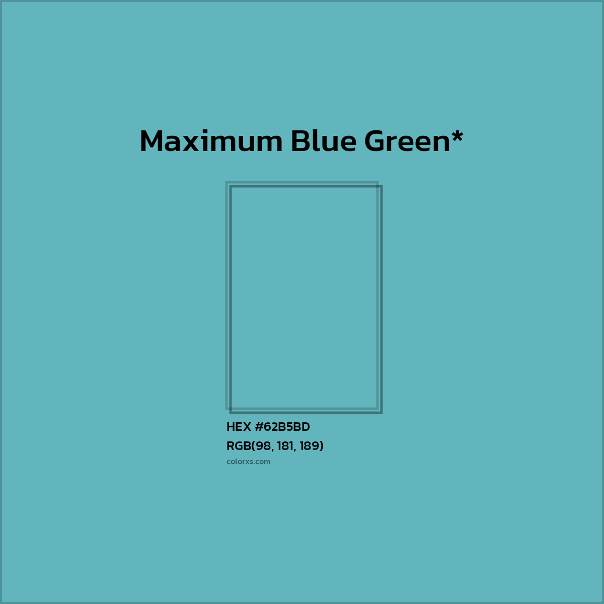 #62B5BD hex color. RGB, RYB, CMYK, HSL, HSV codes and color conversions. Matching color names, palettes, paints.