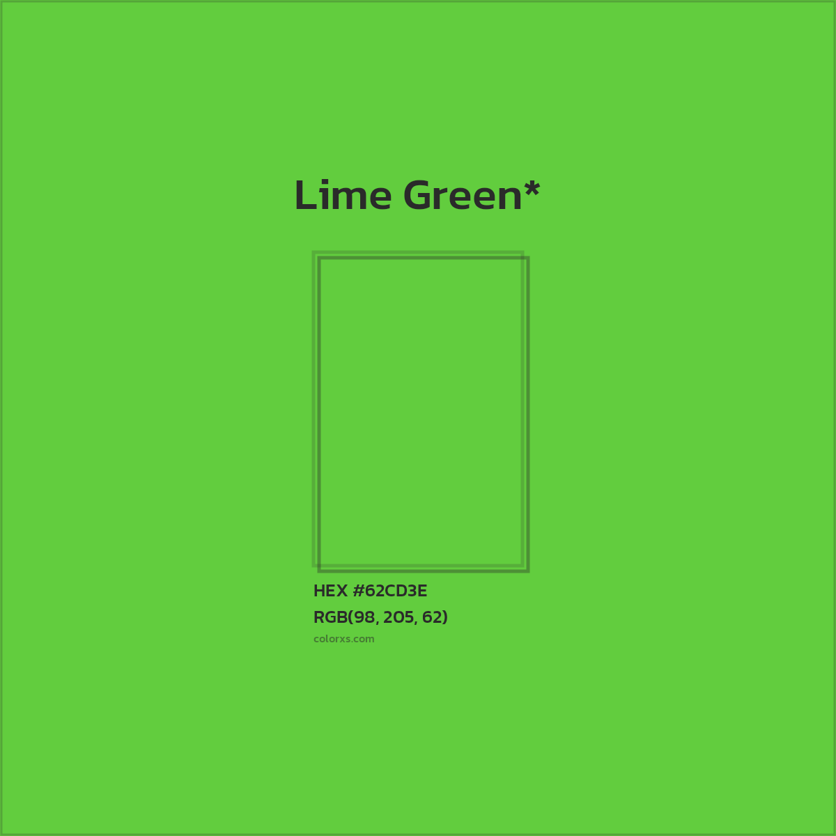 #62CD3E hex color. RGB, RYB, CMYK, HSL, HSV codes and color conversions. Matching color names, palettes, paints.