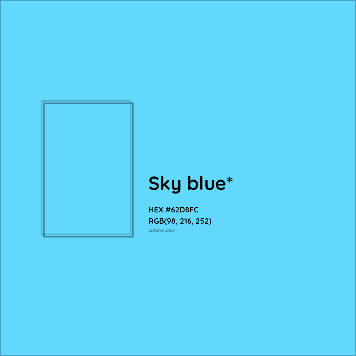 #62D8FC hex color. RGB, RYB, CMYK, HSL, HSV codes and color conversions. Matching color names, palettes, paints.
