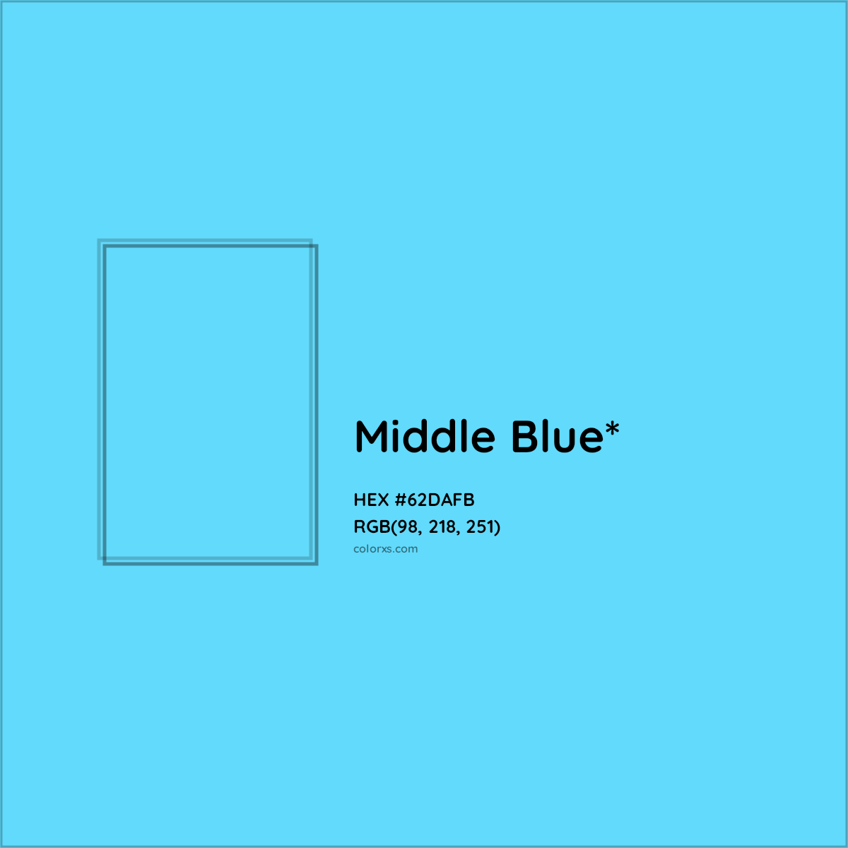 #62DAFB hex color. RGB, RYB, CMYK, HSL, HSV codes and color conversions. Matching color names, palettes, paints.