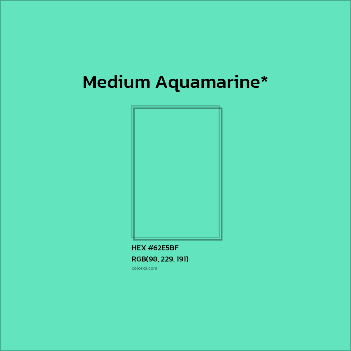 #62E5BF hex color. RGB, RYB, CMYK, HSL, HSV codes and color conversions. Matching color names, palettes, paints.