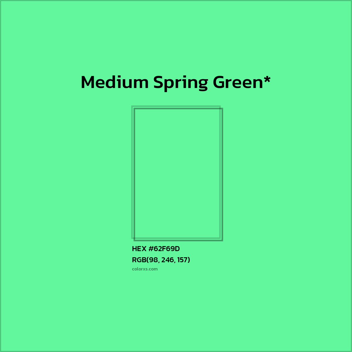#62F69D hex color. RGB, RYB, CMYK, HSL, HSV codes and color conversions. Matching color names, palettes, paints.