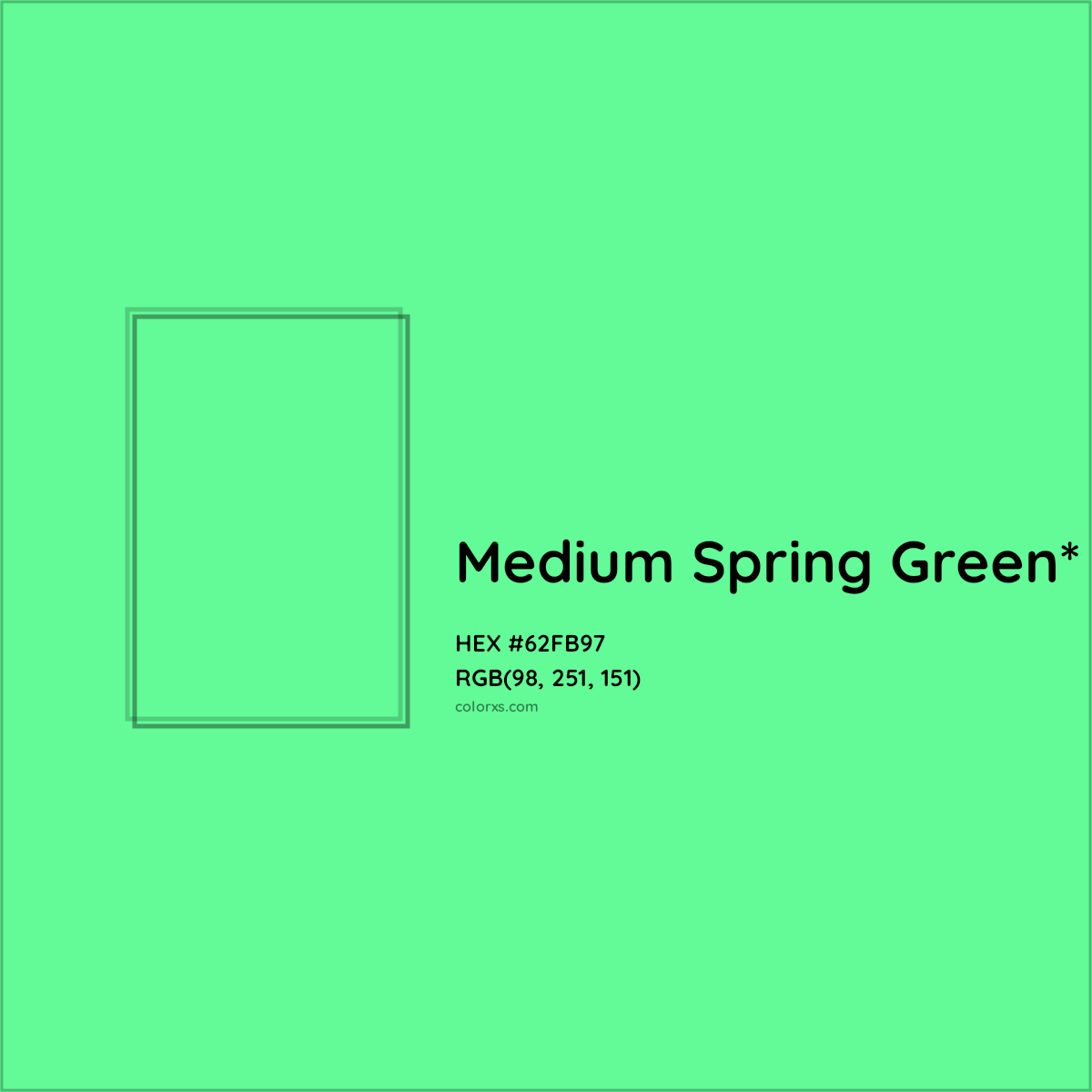 #62FB97 hex color. RGB, RYB, CMYK, HSL, HSV codes and color conversions. Matching color names, palettes, paints.