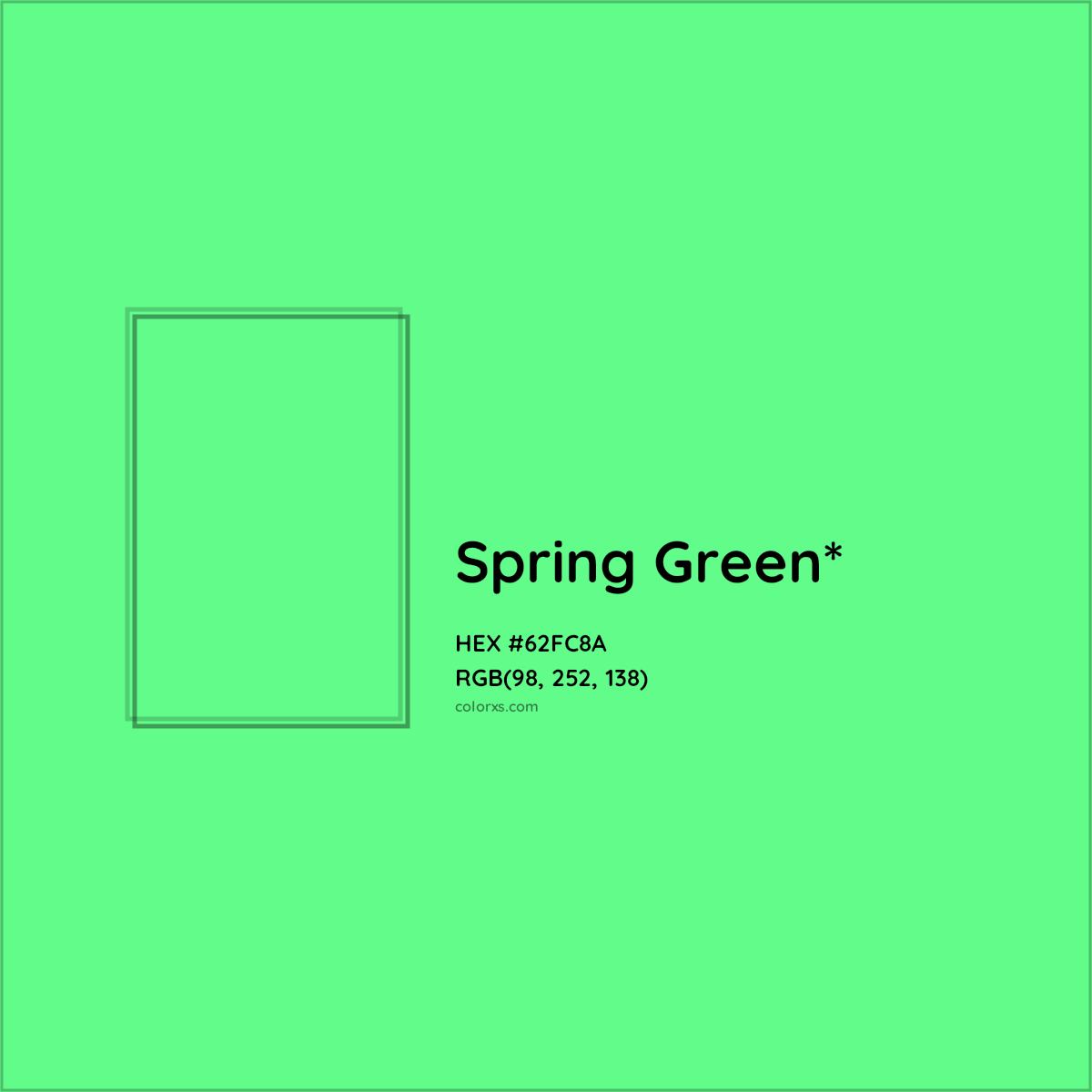 #62FC8A hex color. RGB, RYB, CMYK, HSL, HSV codes and color conversions. Matching color names, palettes, paints.