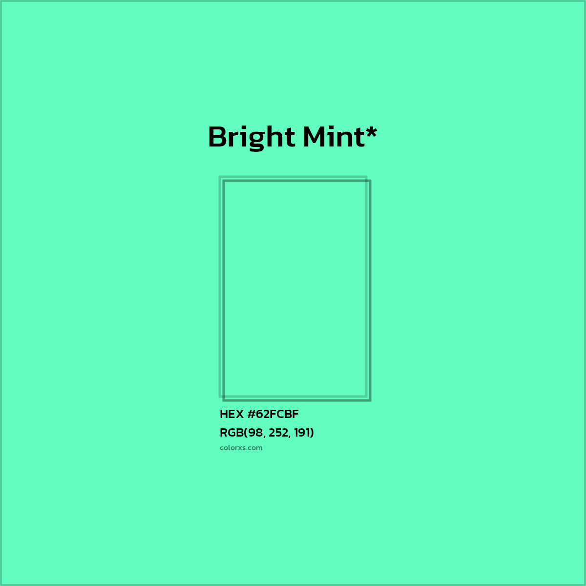 #62FCBF hex color. RGB, RYB, CMYK, HSL, HSV codes and color conversions. Matching color names, palettes, paints.