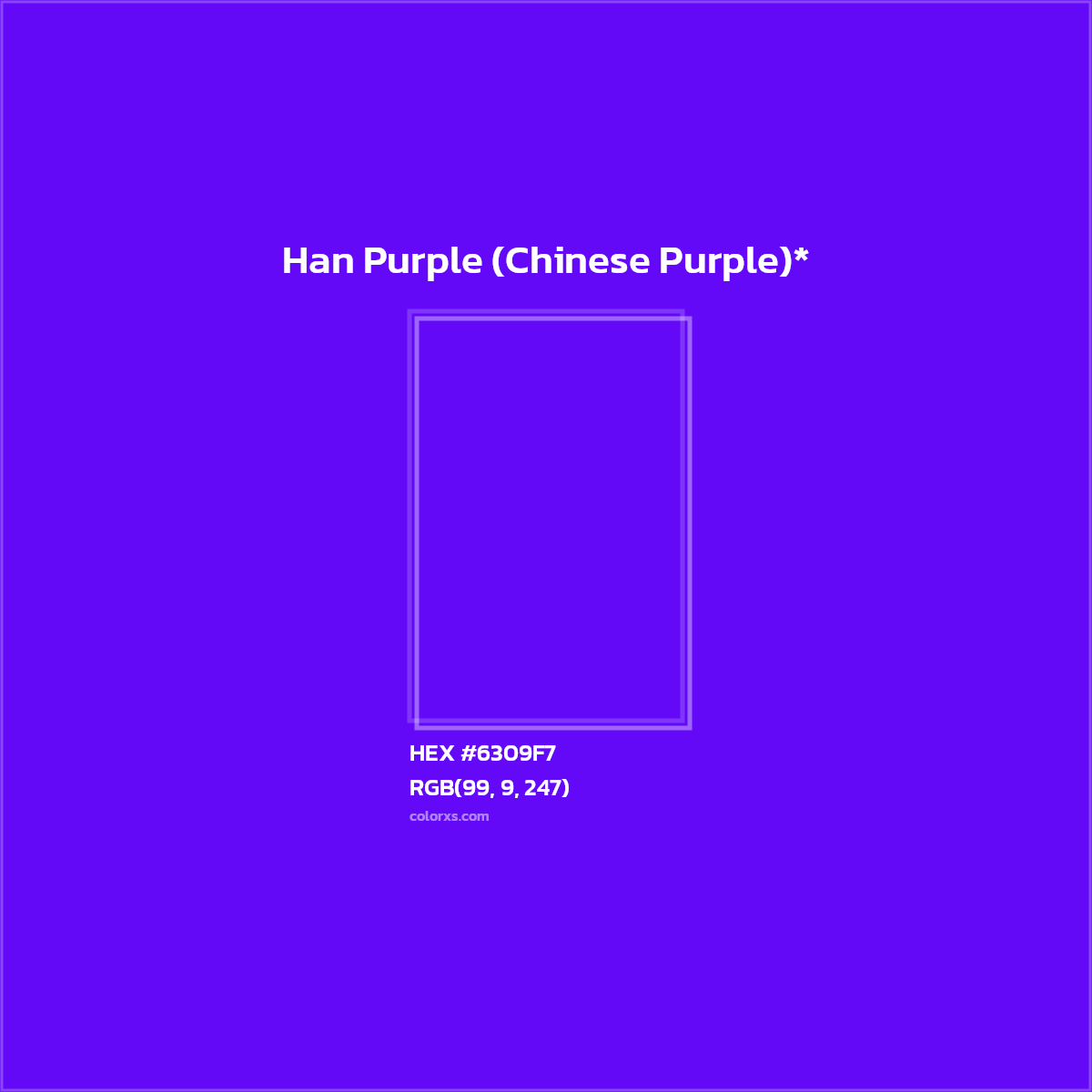 #6309F7 hex color. RGB, RYB, CMYK, HSL, HSV codes and color conversions. Matching color names, palettes, paints.