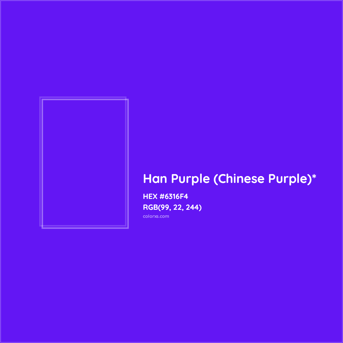 #6316F4 hex color. RGB, RYB, CMYK, HSL, HSV codes and color conversions. Matching color names, palettes, paints.