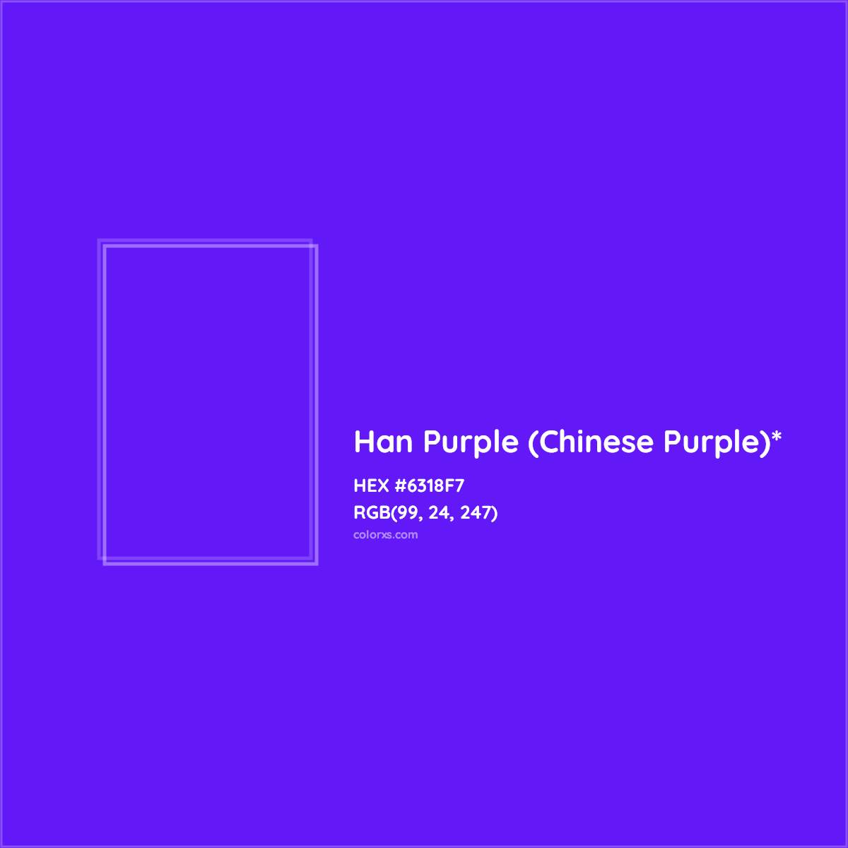#6318F7 hex color. RGB, RYB, CMYK, HSL, HSV codes and color conversions. Matching color names, palettes, paints.
