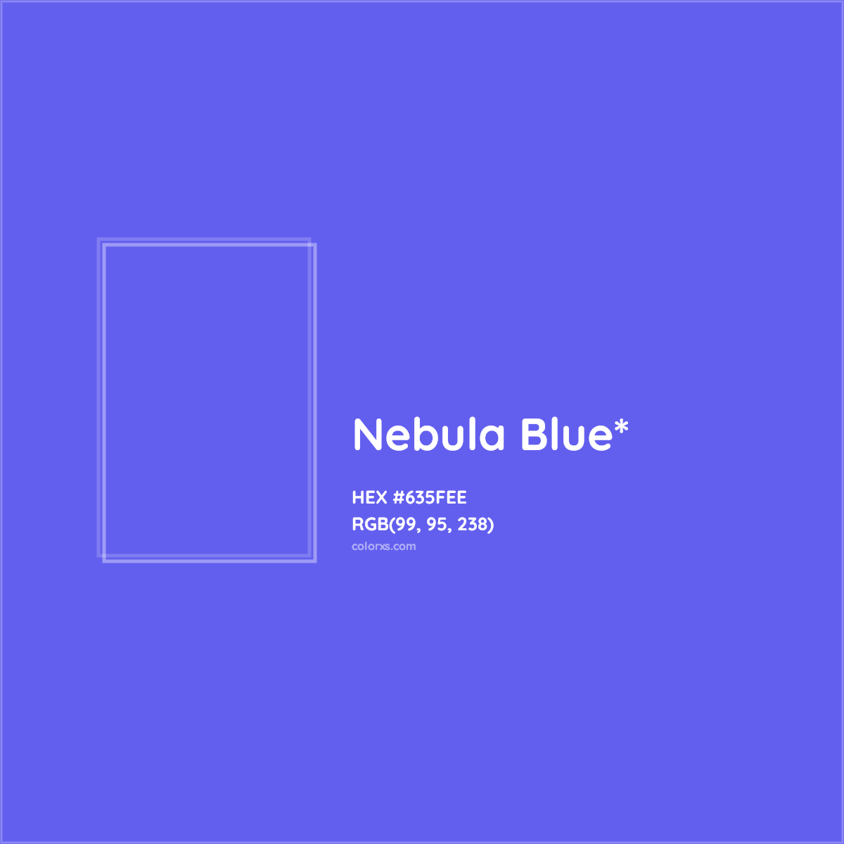 #635FEE hex color. RGB, RYB, CMYK, HSL, HSV codes and color conversions. Matching color names, palettes, paints.