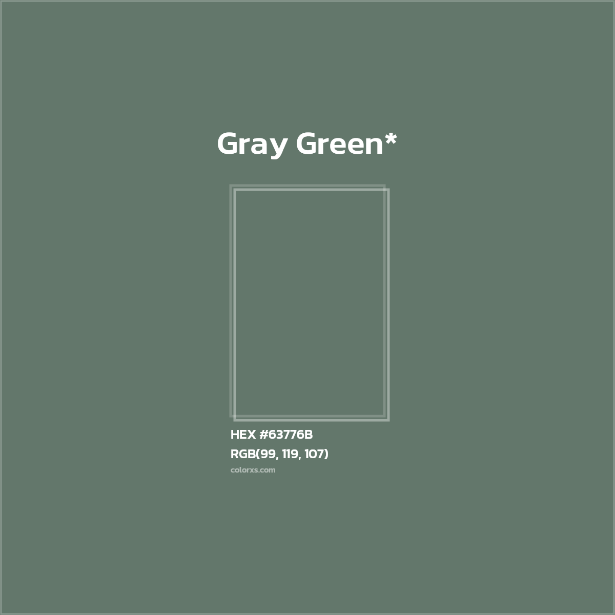 #63776B hex color. RGB, RYB, CMYK, HSL, HSV codes and color conversions. Matching color names, palettes, paints.