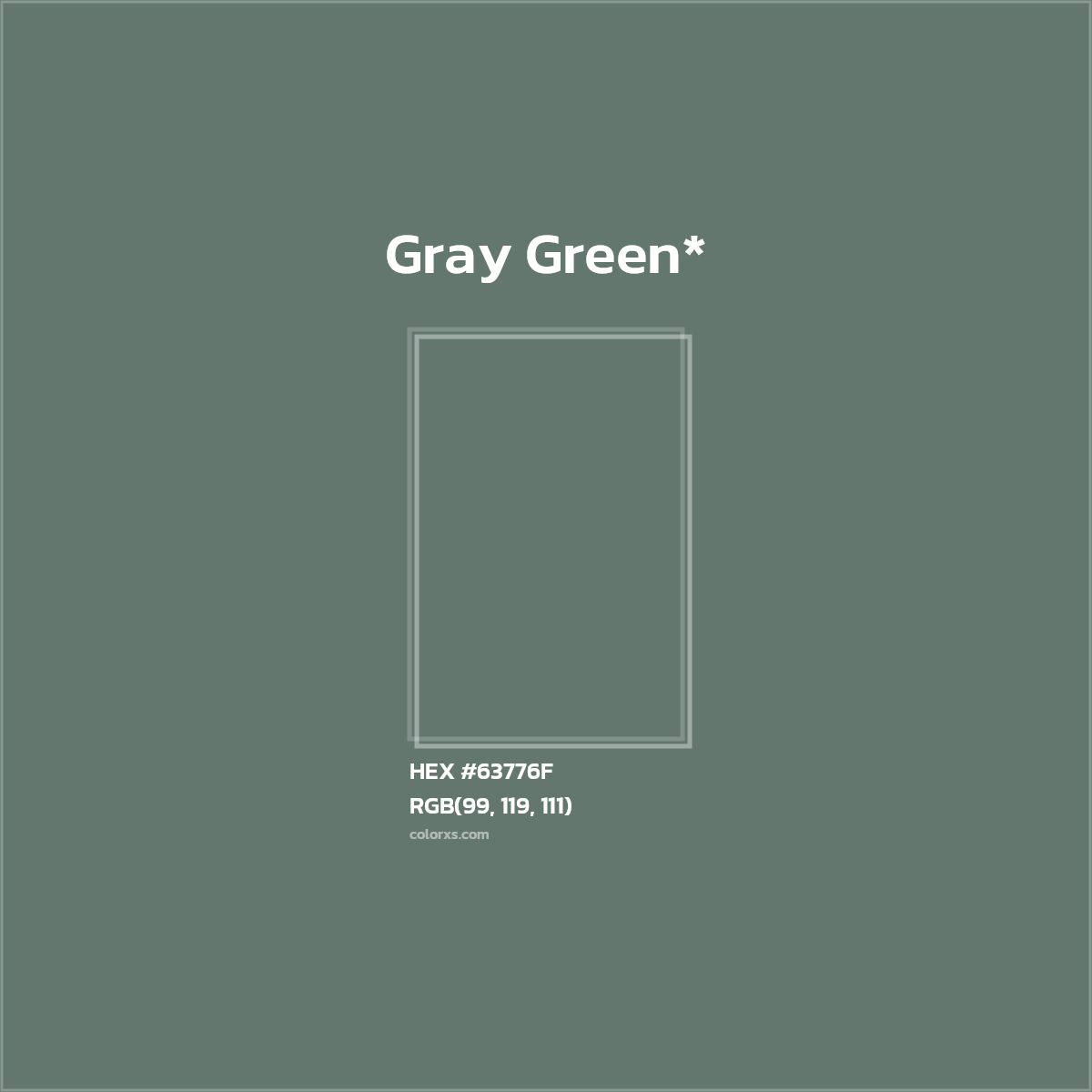 #63776F hex color. RGB, RYB, CMYK, HSL, HSV codes and color conversions. Matching color names, palettes, paints.