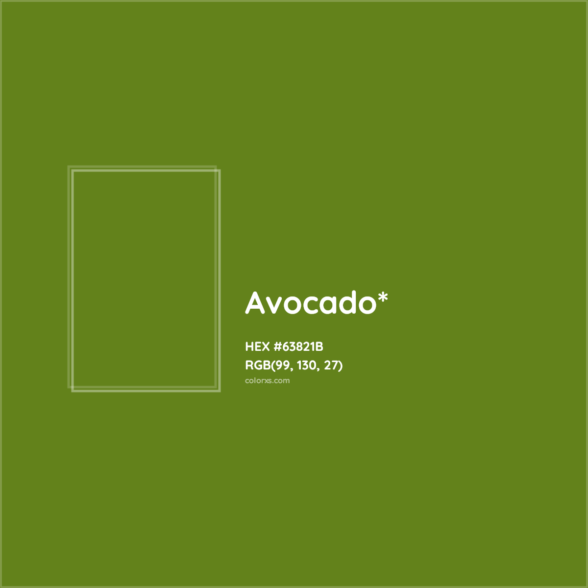 #63821B hex color. RGB, RYB, CMYK, HSL, HSV codes and color conversions. Matching color names, palettes, paints.
