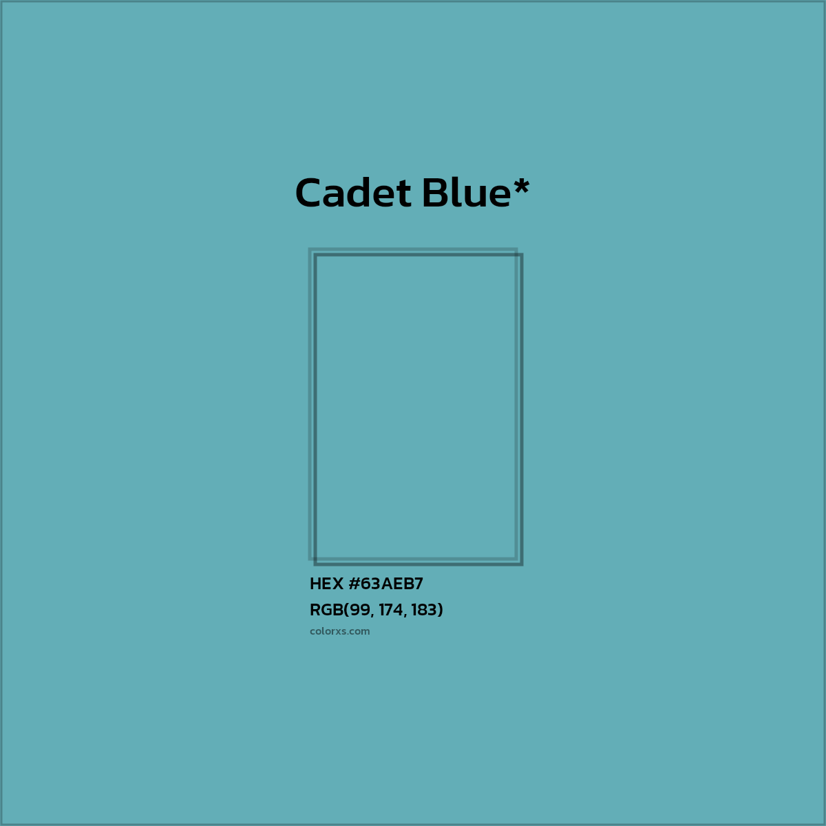 #63AEB7 hex color. RGB, RYB, CMYK, HSL, HSV codes and color conversions. Matching color names, palettes, paints.
