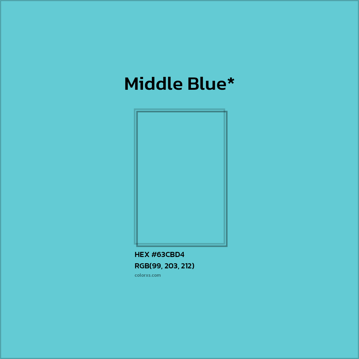 #63CBD4 hex color. RGB, RYB, CMYK, HSL, HSV codes and color conversions. Matching color names, palettes, paints.