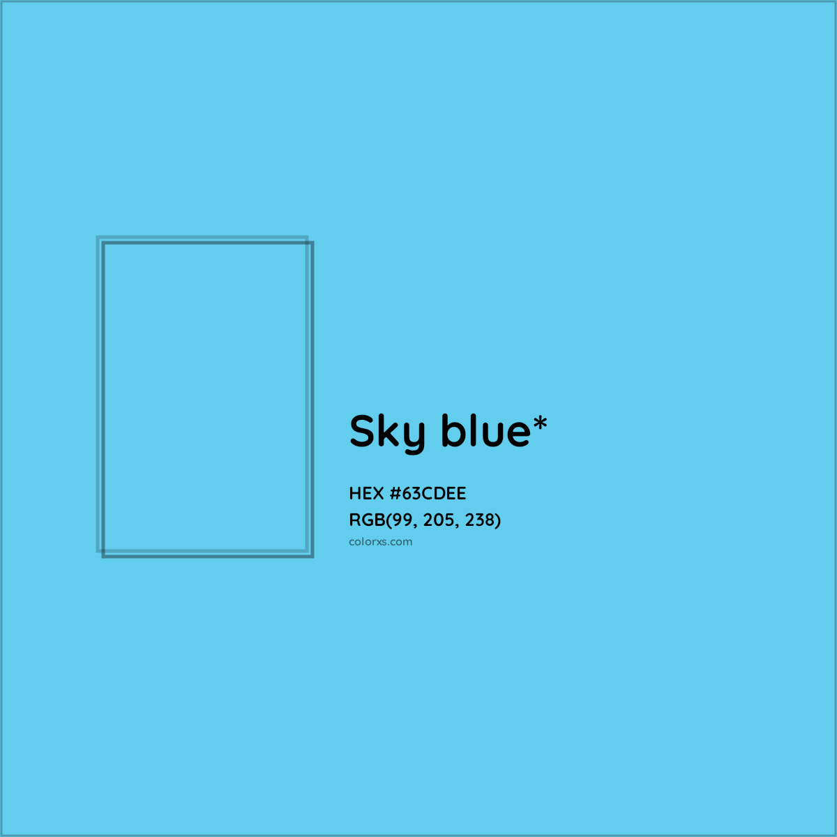 #63CDEE hex color. RGB, RYB, CMYK, HSL, HSV codes and color conversions. Matching color names, palettes, paints.
