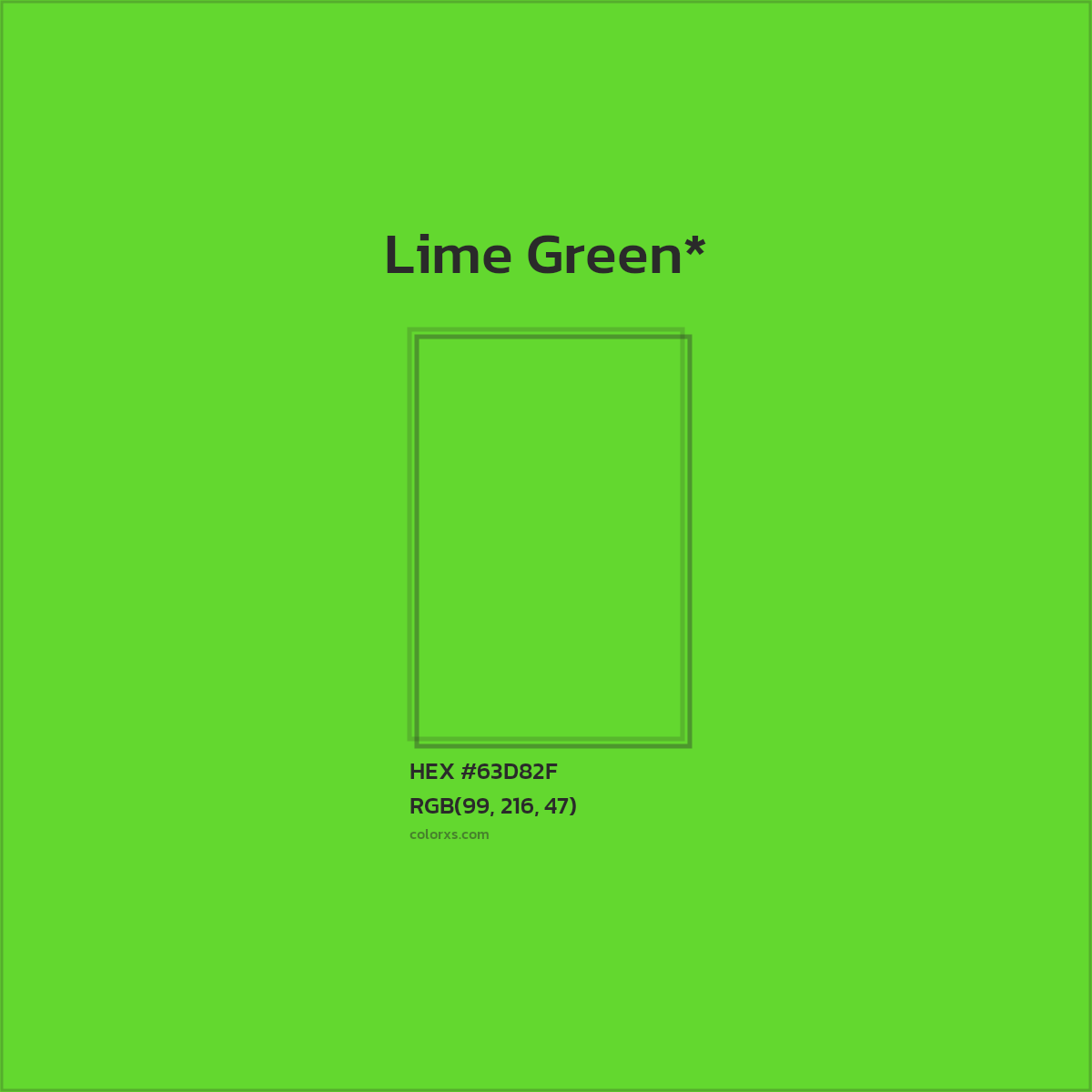 #63D82F hex color. RGB, RYB, CMYK, HSL, HSV codes and color conversions. Matching color names, palettes, paints.