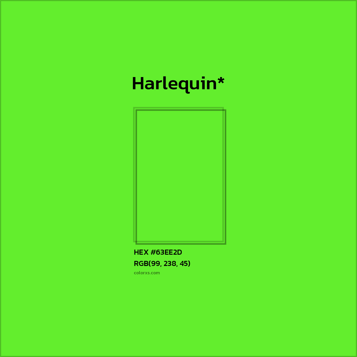#63EE2D hex color. RGB, RYB, CMYK, HSL, HSV codes and color conversions. Matching color names, palettes, paints.