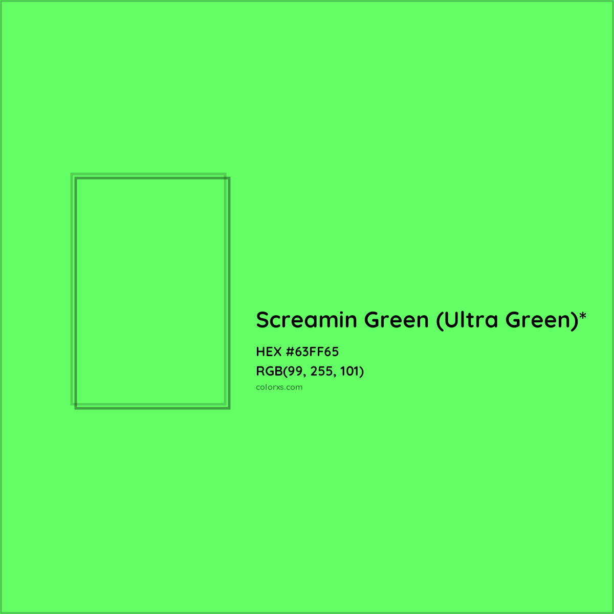 #63FF65 hex color. RGB, RYB, CMYK, HSL, HSV codes and color conversions. Matching color names, palettes, paints.