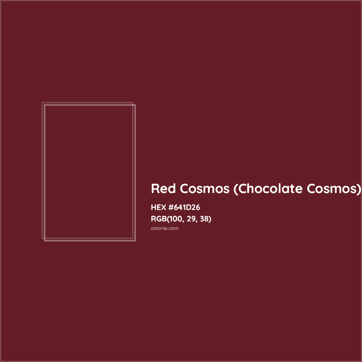 #641D26 hex color. RGB, RYB, CMYK, HSL, HSV codes and color conversions. Matching color names, palettes, paints.
