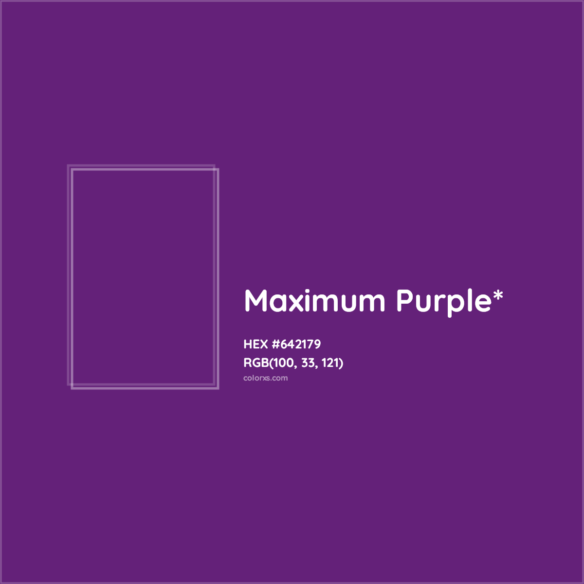 #642179 hex color. RGB, RYB, CMYK, HSL, HSV codes and color conversions. Matching color names, palettes, paints.