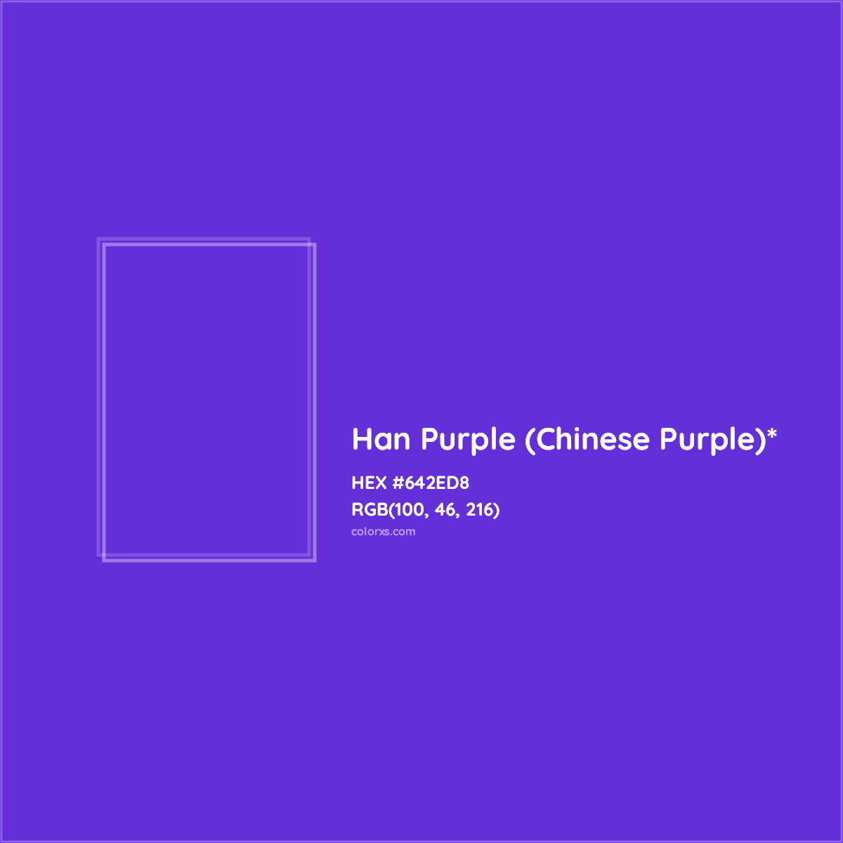#642ED8 hex color. RGB, RYB, CMYK, HSL, HSV codes and color conversions. Matching color names, palettes, paints.